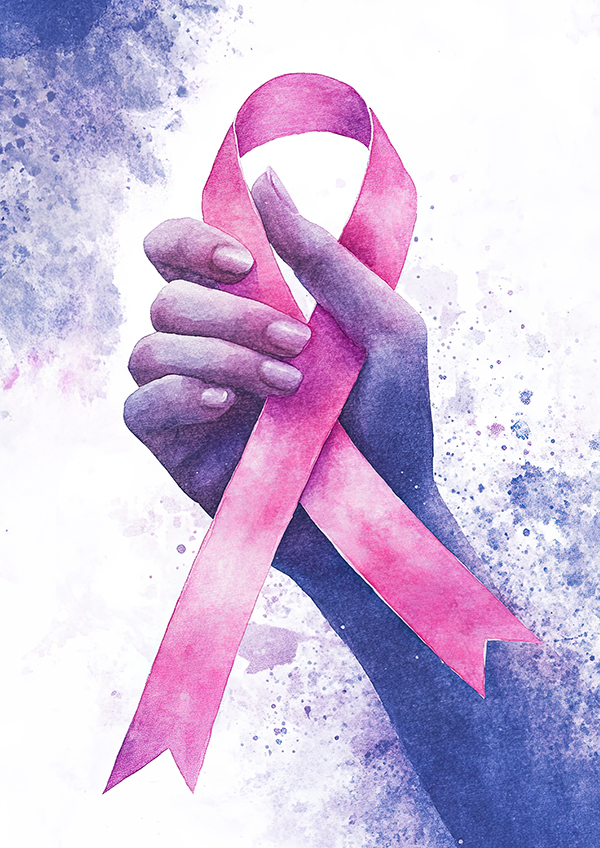 Hand holding pink awareness ribbon, watercolor